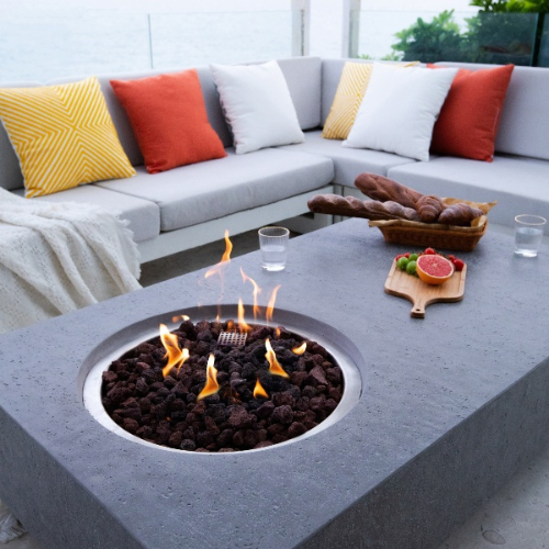 Metropolis Light Gray Fire Table with Flame Closeup