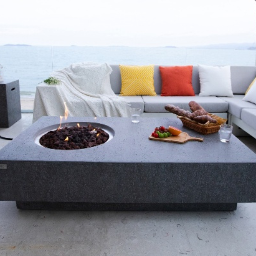 Metropolis Light Gray Fire Table with Flame Tank Cover Sofas Sea in back