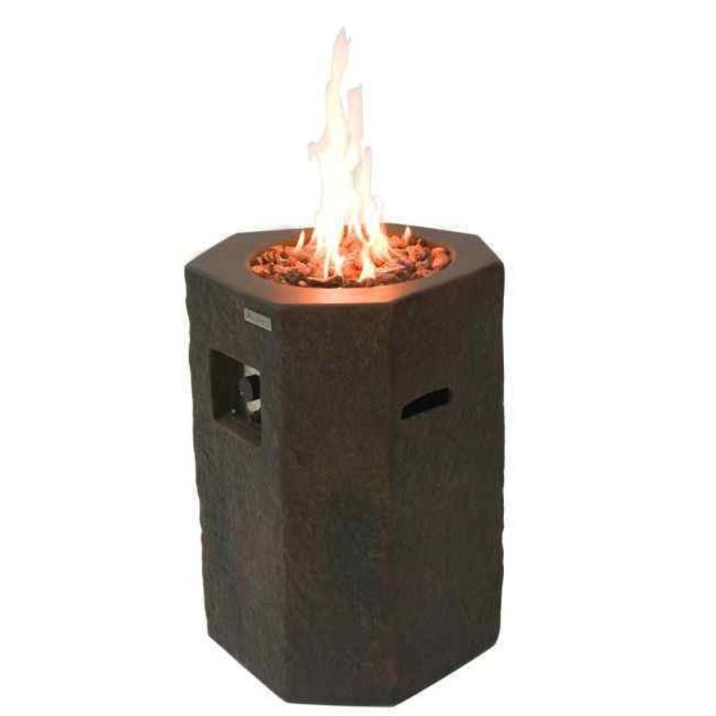 Modeno Basalt Column Fire Pit Side Angle with Flame Silo