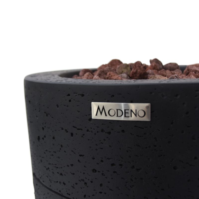 Modeno Lava Tube Fire Pit Front view with lava rocks