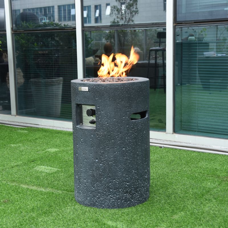 Modeno Lava Tube Fire Pit With Flame side view backyard lawn grass