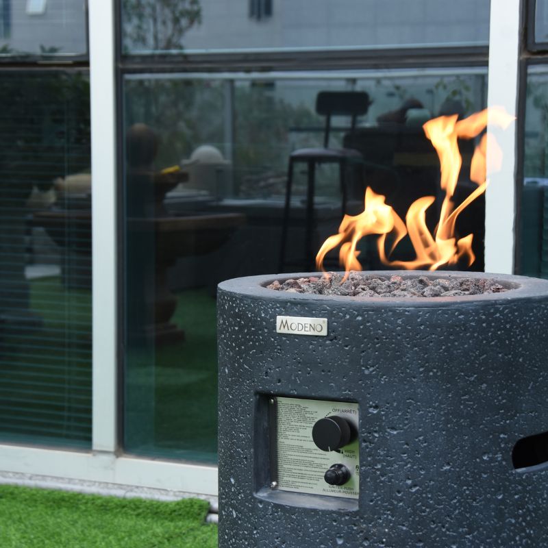 Modeno Lava Tube Fire Pit Set up with flame backyard