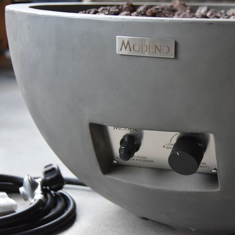 Modeno Nantucket Fire Bowl Side angle with hose and ignition
