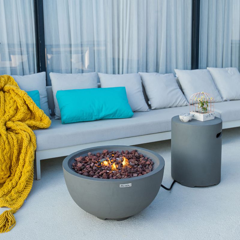 Modeno Nantucket Fire Bowl with tank cover and flame outdoor