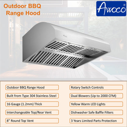 Awoco 48" Outdoor BBQ Vent Hood 18" High Type 304 Stainless Steel, 4 Speeds 2000 CFM, Dual Blowers, Adjustable LED Lights, 8” Round Top Vent - AWC-RH-WM-BBQ48