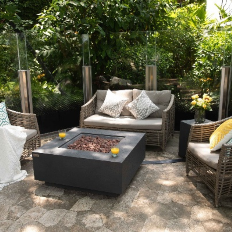 Elementi GT Rubber Gas Hose Cover outdoors with fire table and sofas