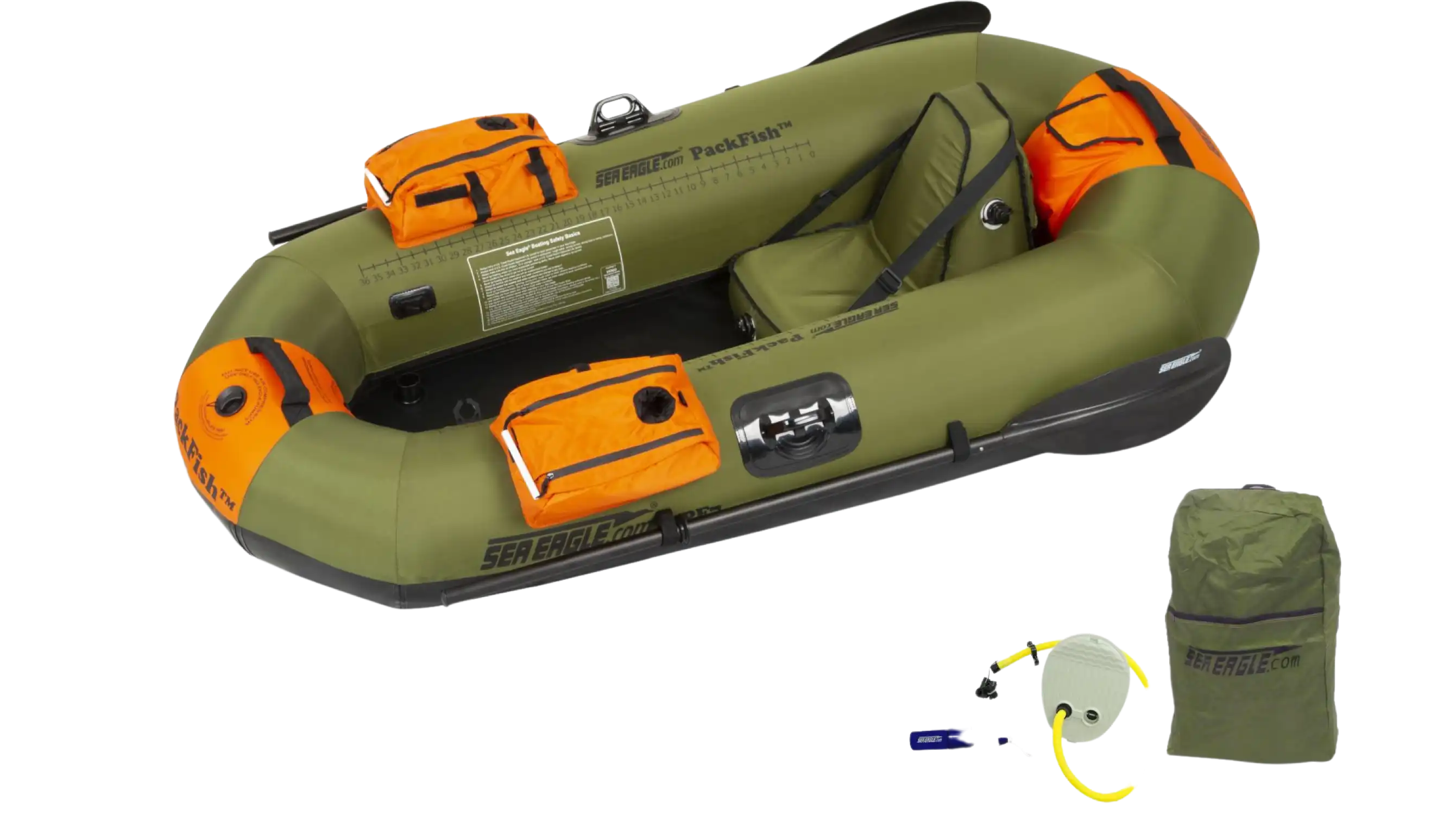 Sea Eagle PackFish 7 Inflatable Boat Deluxe Fishing Package Green Orange PF7K_D New - PF7K_D