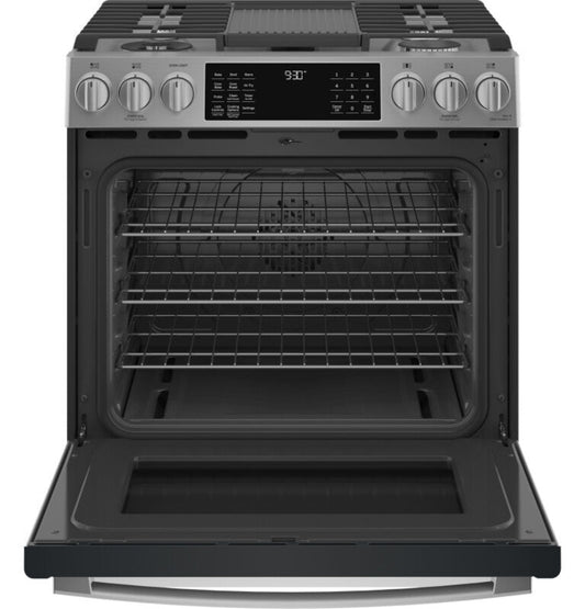 GE Appliances Profile 30" Smart Slide-In Front-Control Gas Fingerprint Resistant Range with No Preheat Air Fry Fingerprint Resistant Stainless - PGS930YPFS
