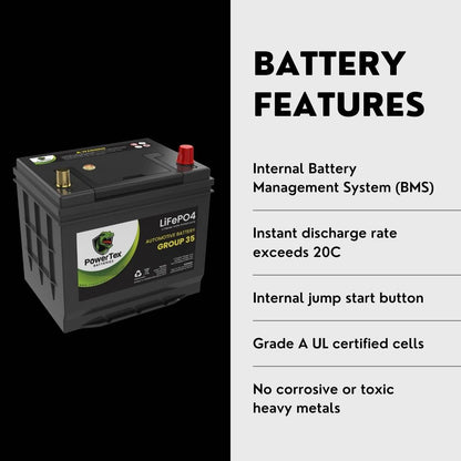 PowerTex 2009 Honda Accord Car Battery BCI Group 35 / Q85 Lithium LiFePO4 Automotive Battery - PTLG35-24