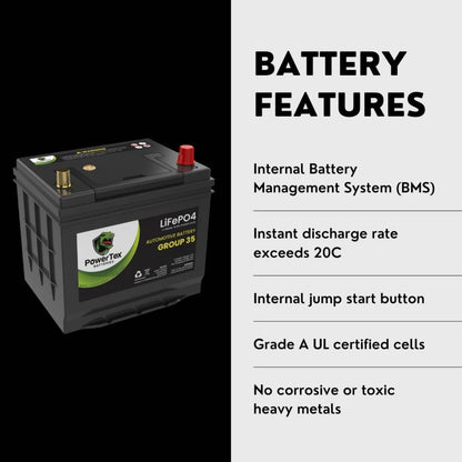 PowerTex 2008 Nissan 350Z Car Battery BCI Group 35 / Q85 Lithium LiFePO4 Automotive Battery - PTLG35-340