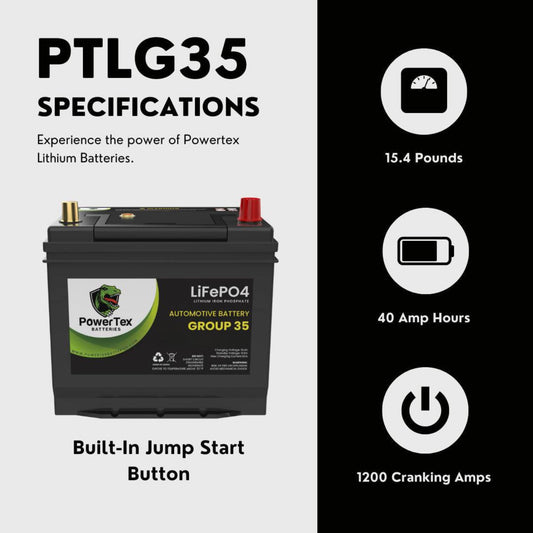PowerTex 2014 Nissan 370Z Car Battery BCI Group 35 / Q85 Lithium LiFePO4 Automotive Battery - PTLG35-278