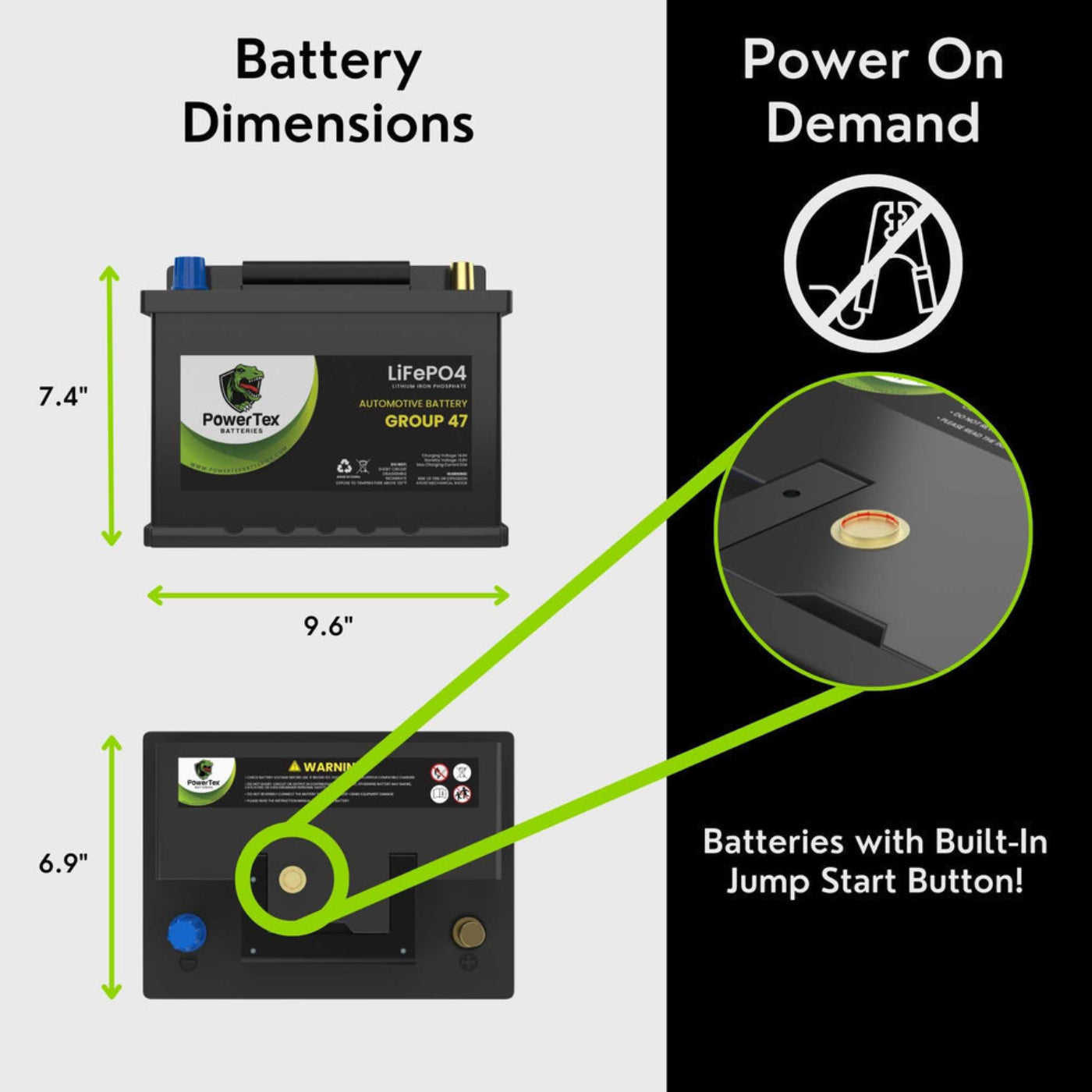 PowerTex 2021 Volkswagen Jetta L4 1.4LReplacement Car Battery BCI Group 47 Lithium LiFePO4 Automotive Powertex Battery - PTLG47-087