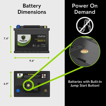 PowerTex 2009 Mini Cooper Car Battery BCI Group 47 H5 Lithium LiFePO4 Replacement Automotive Battery - PTLG47-460