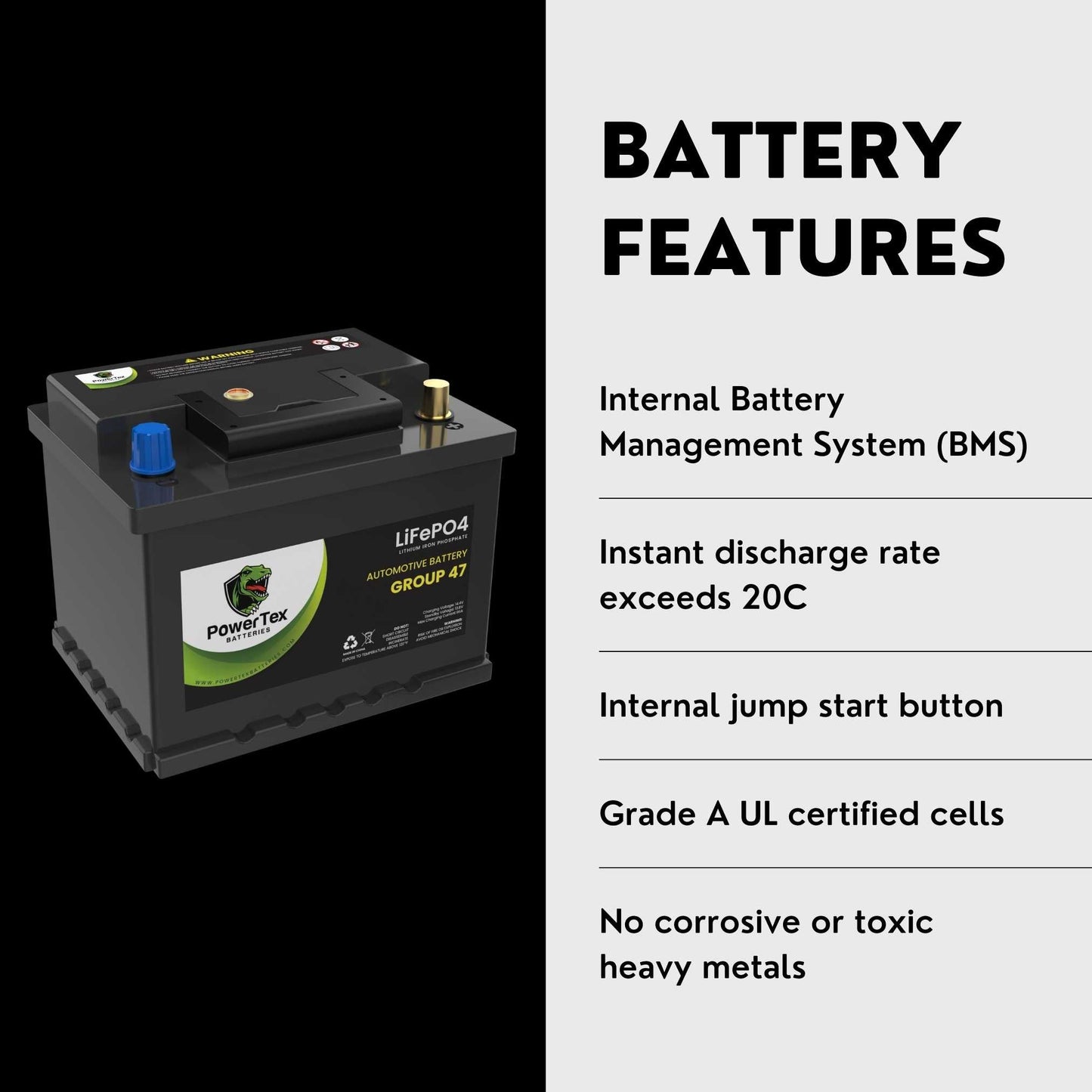 PowerTex 2006 Mini Cooper Car Battery BCI Group 47 H5 Lithium LiFePO4 Replacement Automotive Battery - PTLG47-463