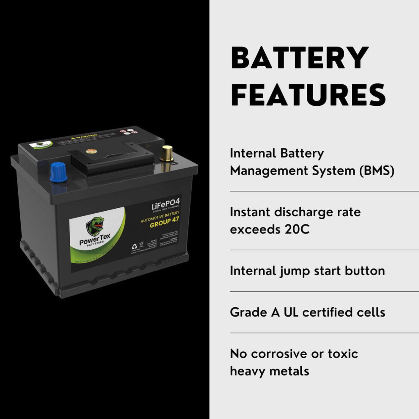PowerTex 2024 Honda Civic L4 1.5LReplacement Car Battery BCI Group 47 Lithium LiFePO4 Automotive Powertex Battery - PTLG47-027