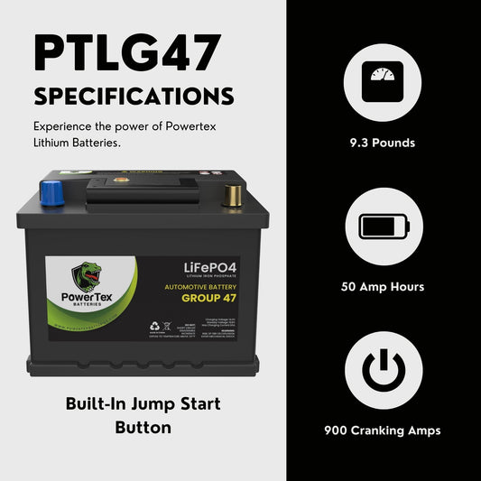 PowerTex 2011 Volkswagen GTI Car Battery BCI Group 47 H5 Lithium LiFePO4 Replacement Automotive Battery - PTLG47-605