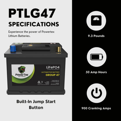 PowerTex 2023 Toyota Venza L4 2.5LReplacement Car Battery BCI Group 47 Lithium LiFePO4 Automotive Powertex Battery - PTLG47-070