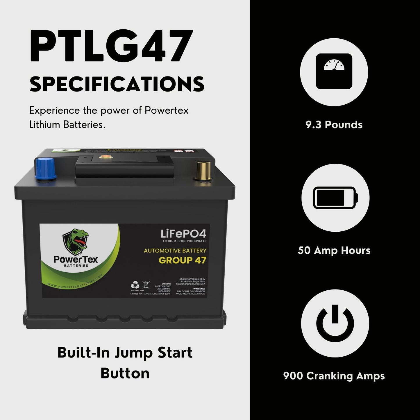 PowerTex 2004 Mini Cooper Car Battery BCI Group 47 H5 Lithium LiFePO4 Replacement Automotive Battery - PTLG47-465