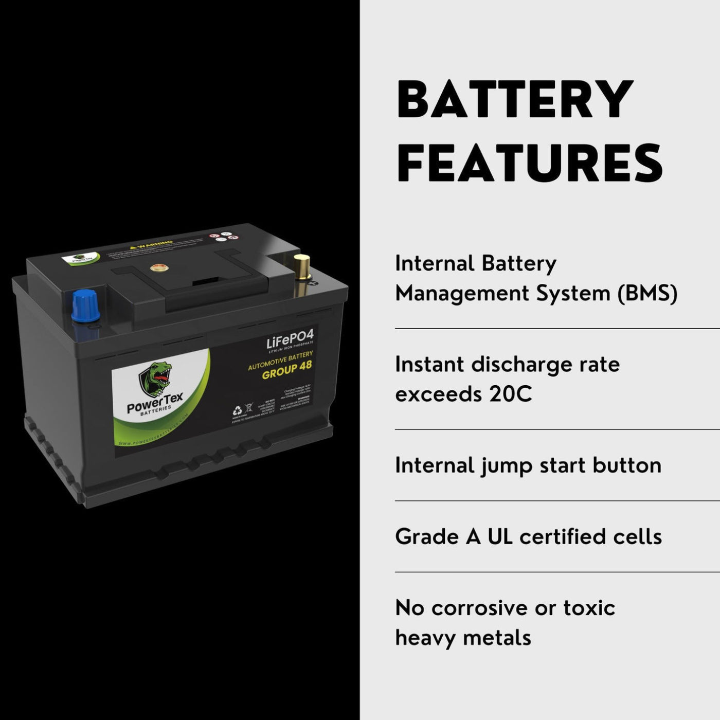 PowerTex 2022 Lexus NX250 L4 2.5L Replacement Car Battery BCI Group 48 Lithium LiFePO4 Automotive Powertex Battery - PTLG48-0398