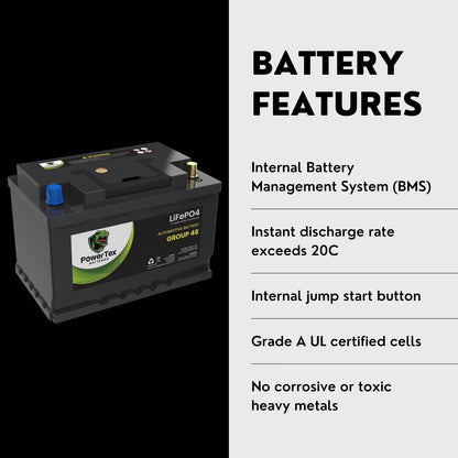PowerTex 2022 Volkswagen Passat L4 2.0L Replacement Car Battery BCI Group 48 Lithium LiFePO4 Automotive Powertex Battery - PTLG48-0539