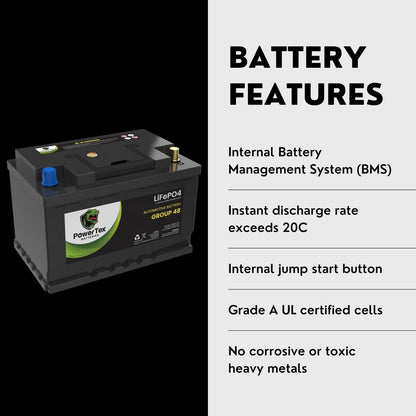 PowerTex 2008 Ferrari 360 V8 3.6L Replacement Car Battery BCI Group 48 Lithium LiFePO4 Automotive Powertex Battery - PTLG48-0479