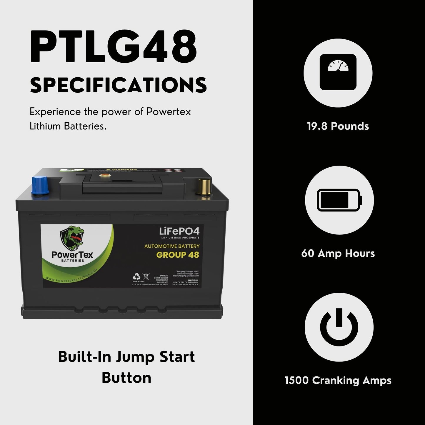 PowerTex 2019 Kia Stinger Car Battery BCI Group 48 / H6 Lithium LiFePO4 Replacement Automotive Battery - PTLG48-1102