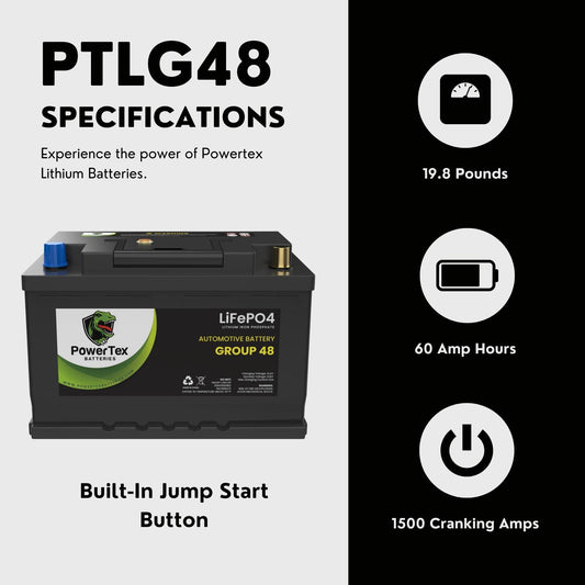 PowerTex 2020 Kia Stinger Car Battery BCI Group 48 / H6 Lithium LiFePO4 Replacement Automotive Battery - PTLG48-1100