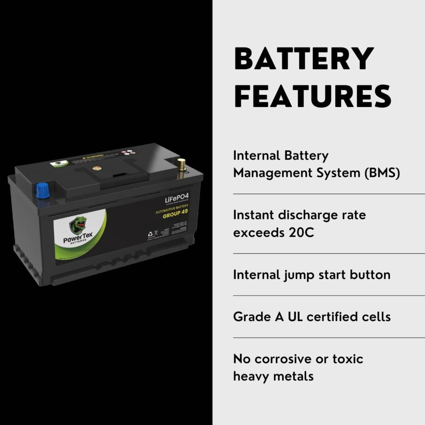 PowerTex 2008 Audi S6 Car Battery BCI Group 49 / H8 Replacement Lithium LiFePO4 Automotive Battery - PTLG49-301