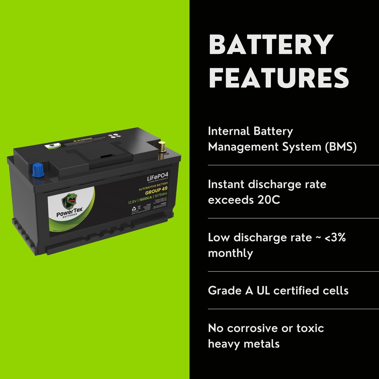 PowerTex 2013 Aston Martin Rapide Car Batteries BCI Group 49 / H8 Lithium LiFePO4 Automotive Battery - PTLG49-24