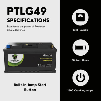 PowerTex 2010 Porsche Cayenne Car Battery BCI Group 49 / H8 Replacement Lithium LiFePO4 Automotive Battery - PTLG49-1626