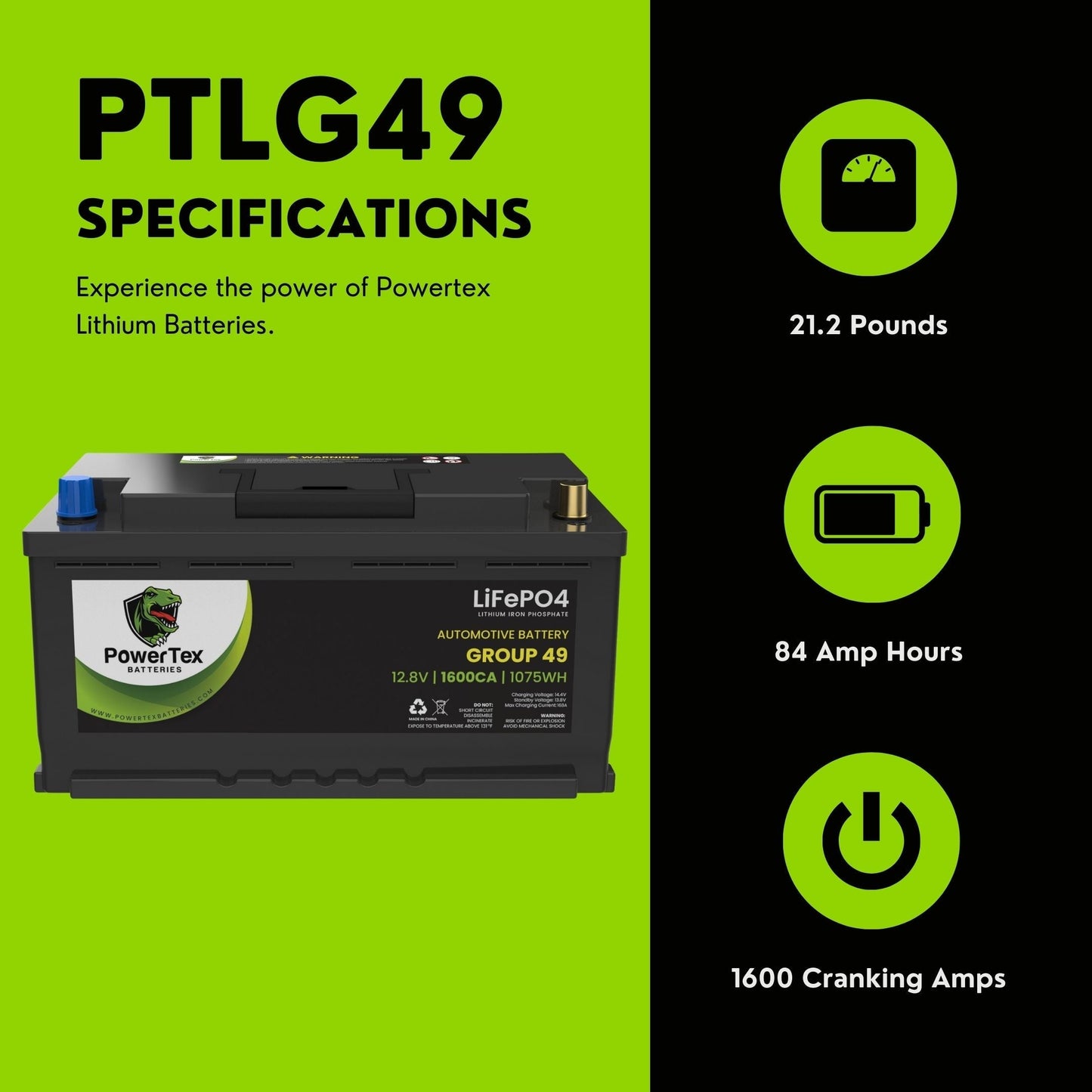 PowerTex 2013 Aston Martin Rapide Car Batteries BCI Group 49 / H8 Lithium LiFePO4 Automotive Battery - PTLG49-24
