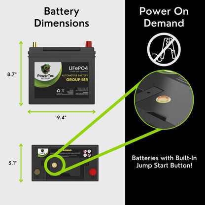 PowerTex 2011 Nissan Leaf Car Battery BCI Group 51R Lithium LiFePO4 Replacement Automotive Battery - PTLG51R-151