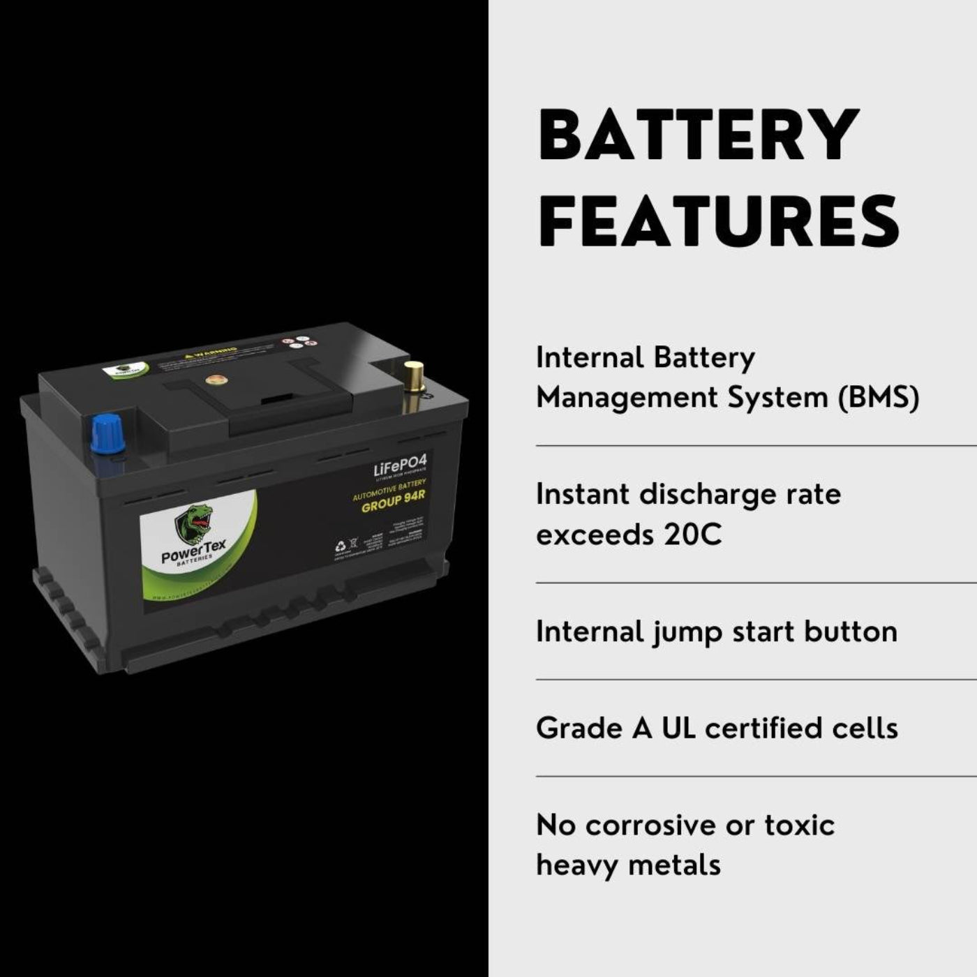 PowerTex 2015 Mini Cooper Car Battery BCI Group 94R / H7 Lithium LiFePO4 Automotive Battery - PTLG94R-1146