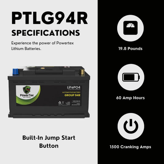 PowerTex 2009 Porsche Cayenne Car Battery BCI Group 94R / H7 Lithium LiFePO4 Automotive Battery - PTLG94R-1164