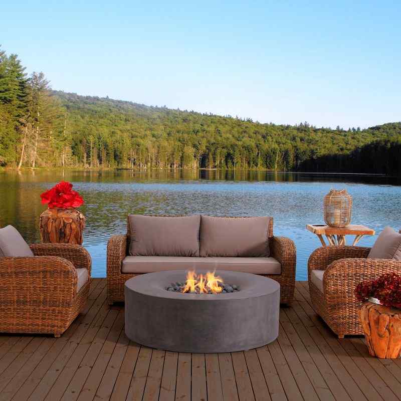 Pyromania Avalon Fire Table Slate with lake view lifestyle