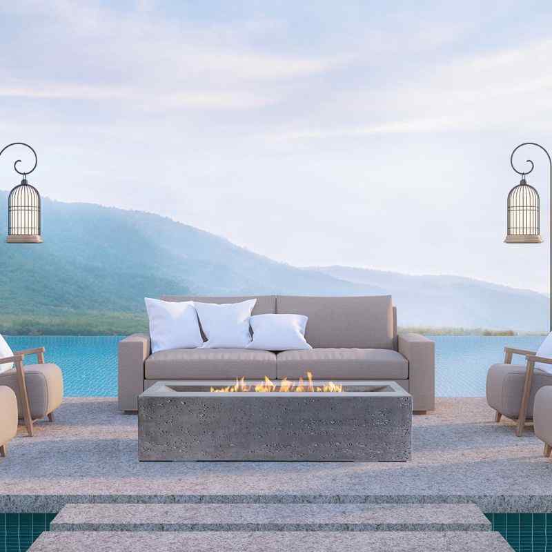 Pyromania Millenia Fire Table Slate with flame outdoor set up with couch