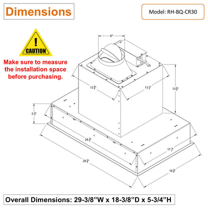 AWOCO  RH-BQ-CR Ceiling Mount Range Hood - Insert & Island - 700CFM - AWC-RH-BQ-CR30