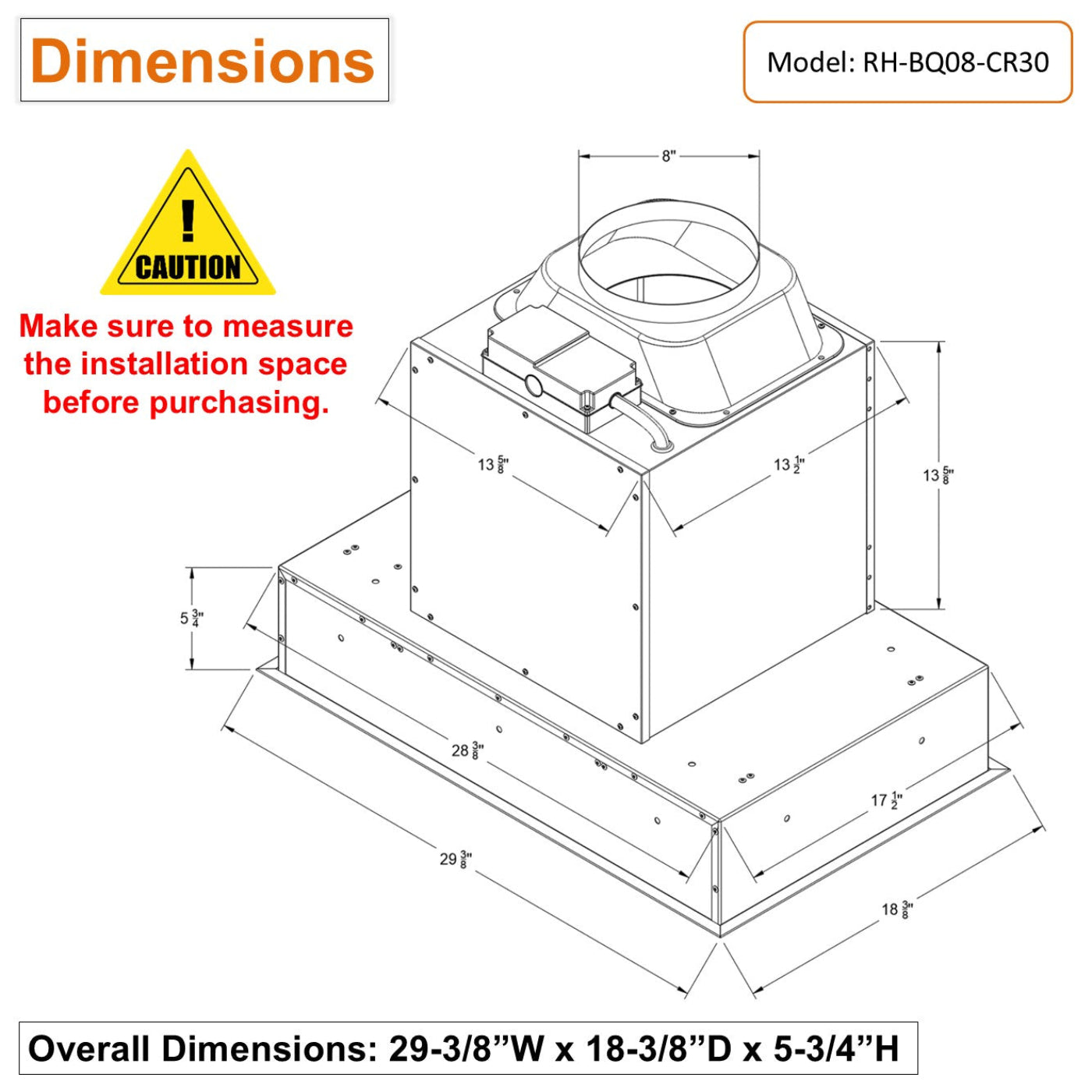 AWOCO  RH-BQ08-CR Ceiling Mount Range Hood - Insert & Island - 1000 CFM - AWC-RH-BQ08-CR30