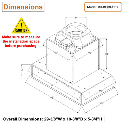 AWOCO  RH-BQ08-CR Ceiling Mount Range Hood - Insert & Island - 1000 CFM - AWC-RH-BQ08-CR30