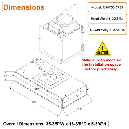 AWOCO  RH-IT08-CR Ceiling Mount Range Hood  Split Insert - 1000 CFM & 8" Vent - RH-IT08-CR30