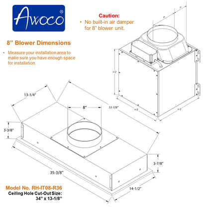 AWOCO  RH-IT08-R Ceiling Mount Range Hood Mesh Filters - Split Insert - 1000 CFM & 8" Vent - RH-IT08-R30-COLD-MESH