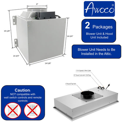 Awoco RH-IT08 11-3/4"D Super Quiet Split Insert Stainless Steel Range Hood, 4 Speeds with a 8” Blower Unit, 1000CFM, Mesh Filters, LED Lights - RH-IT08-30-COLD