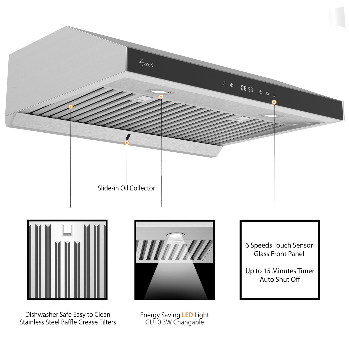 AWOCO  RH-R06-G Under Cabinet Range Hood - Tempered Glass Panel - 900 CFM - RH-R06-G30