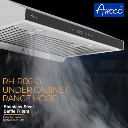 AWOCO  RH-R06-G Under Cabinet Range Hood - Tempered Glass Panel - 900 CFM - RH-R06-G30