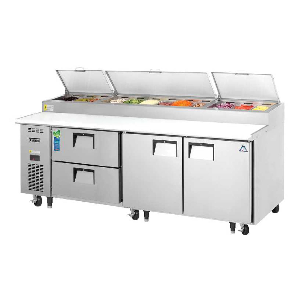 Everest - EPPR3-D2, Commercial 93" 12 Pan Pizza Prep Table with 2 Drawers - EPPR3-D2