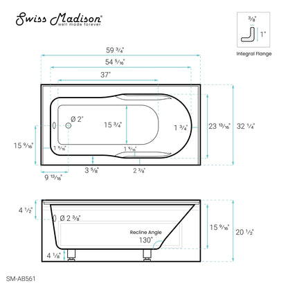 Swiss Madison Concorde 60 in. x 32 in. Acrylic Glossy White, Alcove, Integral, Left-Hand Drain, Apron Bathtub - SM-AB561 - Backyard Provider