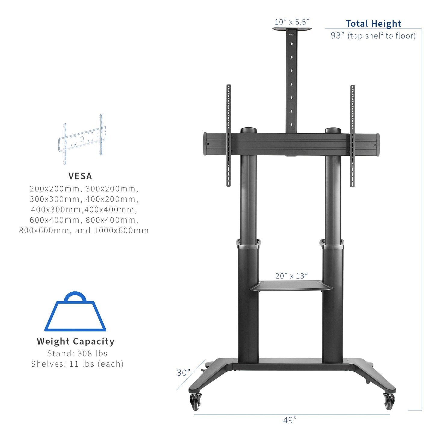 VIVO Aluminum TV Cart - 32” to 120” Screens - STAND-TV120B
