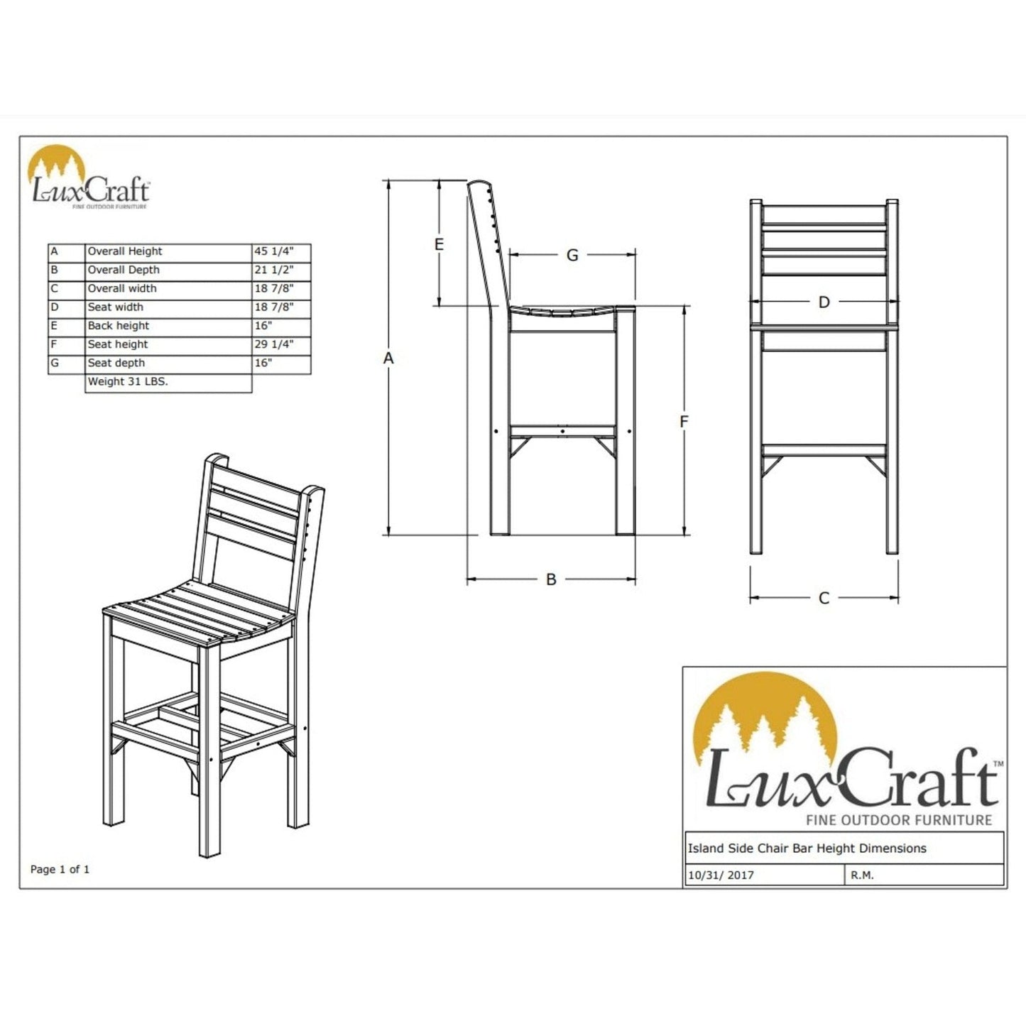 LuxCraft Outdoor Bar Height Island Poly Side Chair