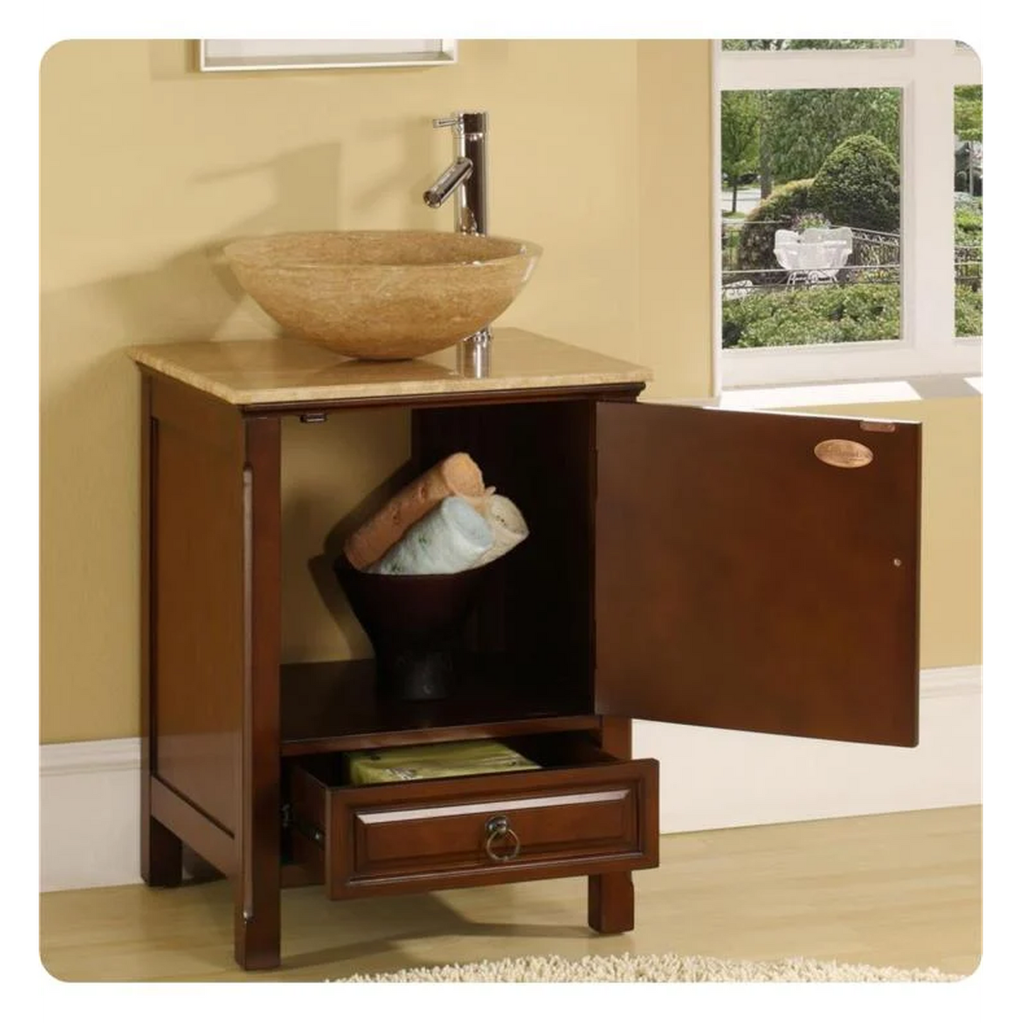 Silkroad Exclusive 22" Single Sink American Chestnut Bathroom Vanity With Travertine Countertop and Travertine Round Vessel Sink - HYP-0158-T-22_S29B