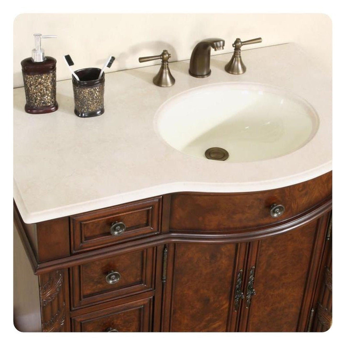 Silkroad Exclusive 36" Left Side Single Sink English Chestnut Bathroom Vanity With Crema Marfil Marble Countertop and Ivory Ceramic Undermount Sink - HYP-0213-CM-UIC-36-L